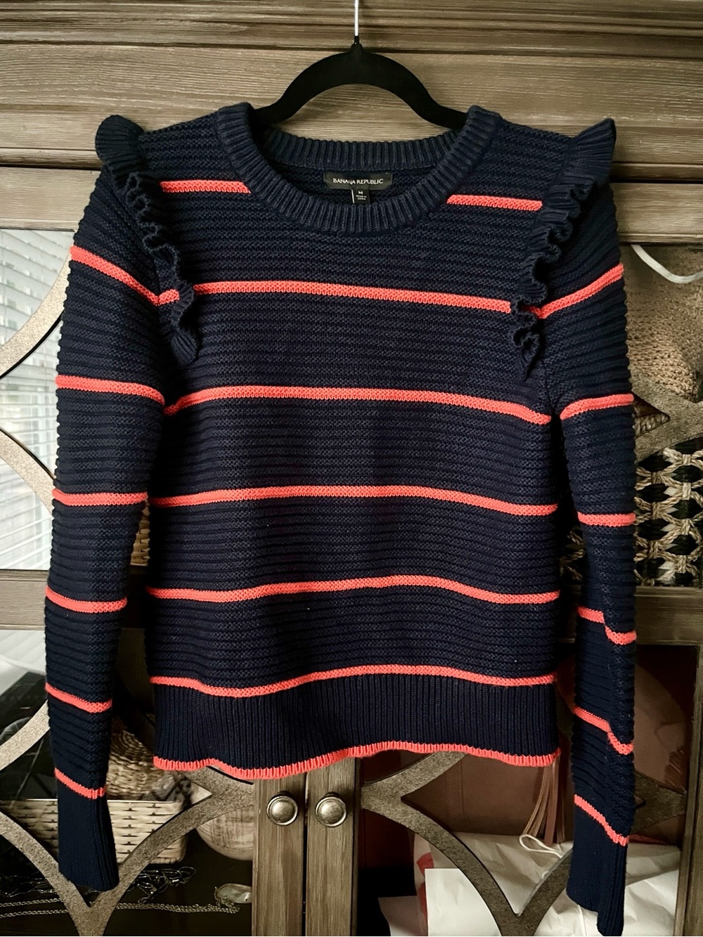Banana Republic Navy Sweater with Coral Stripe & Ruffle Shoulders; fits S